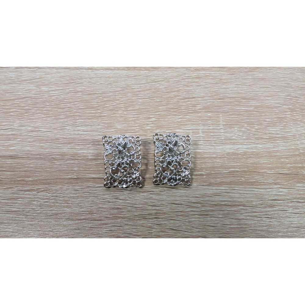 Vintage Silver-Tone Filigree Rectangle Clip-On Earrings Elegant Retro Jewelry